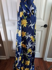Vtg 70s Floral Maxi Dress Navy Yellow Lily Hibiscus Hawaiian Tiki Resort M L 53″