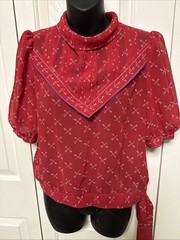 Vintage Hand-Sewn Red Blouse Artisan Made Puff Sleeve Tie Waist Small