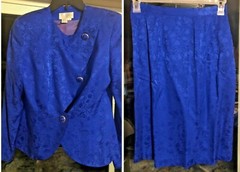 80s Womens Suit Blue Brocade Jacquard Asymmetrical Silk Studio Size 6 Vintage