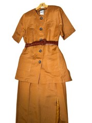 VTG Harve Benard 3pc Slit Skirt Suit Women Size 14 Camel Tan Short Sleeve Jacket