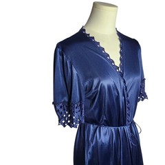Vintage Flair Robe Women Small Navy Blue Satin Eyelet Lace Trim Maxi Wrap