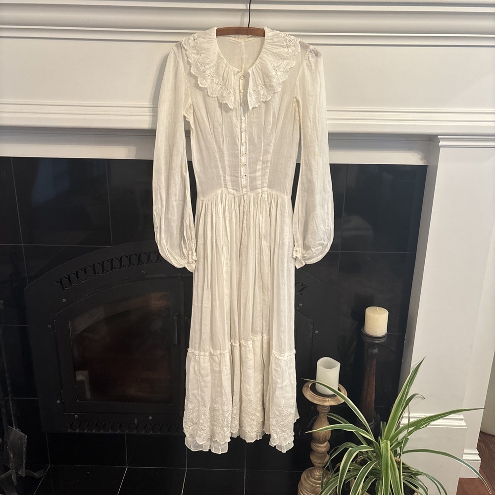 Antique Edwardian White Cotton Lace Victorian Lawn Dress XS