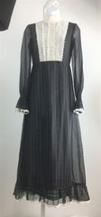 Vtg Saks Fifth Avenue Dress Black Pinstripe High Neck Bib Front LS Maxi XS-S