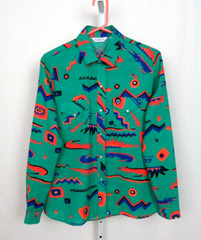VTG 1970s MOD KARMAN ALLIGATOR SHIRT TEAL GREEN SIZE 15/16 COTTON PEARL SNAPS