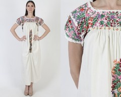 Vtg Mint Oaxacan Dress Mexican Hand Embroidered Cotton Puebla Kaftan Sundress