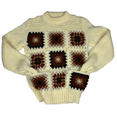 Vintage 70s Granny Square Crochet 3D Knit Mockneck Sweater Cream Brown Boho S