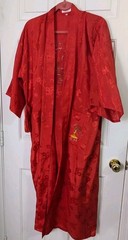 NEW VTG Golden Dragon Silk Long Robe Womens Small Red Hand Embroidered Pocket