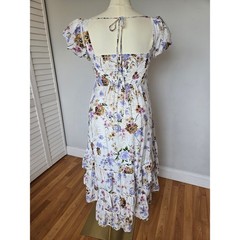 Anthropologie White Lavender Floral Puff Sleeve Tiered Midi Dress S Cottagecore