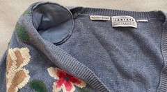 Y2K JANTZEN CLASSICS, RAMIE COTTON KNIT BLUE CARDIGAN HAND STITCHED FLOWERS, EUC