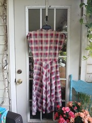 1940s Cotton Red, White And Blue Plaid Dress