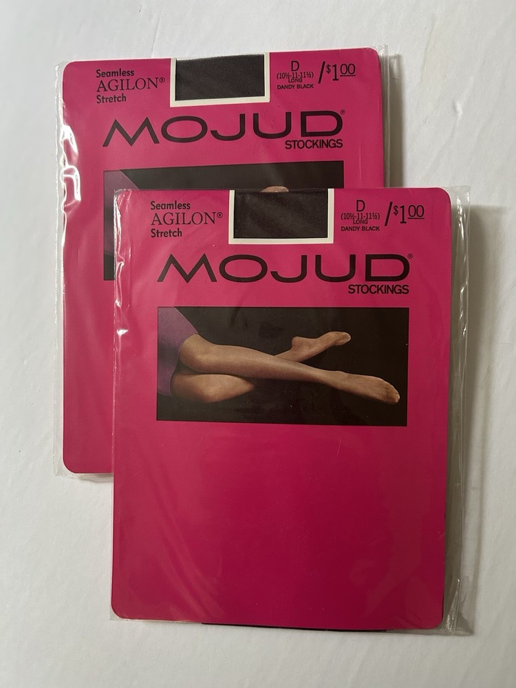 2 Pairs Vtg Mojud Seamless Agilon Stretch Nylon Stockings Dandy Black Sz D Long