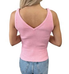CHANEL Vintage 01C CC Logo Knit Rib Tank Top #42 Gold Rings Pink Cotton