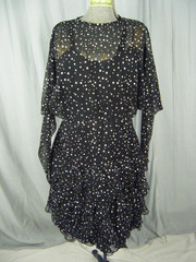 BETSY & ADAM Vtg 70s Sheer Black Polka Dots Batwing Ruffle Dress-Bust 36/2XS-XS