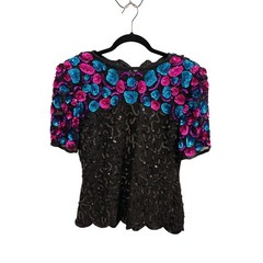 Vintage Silk Sequin Top Womens Small Black Pink Blue Beaded Evening Blouse