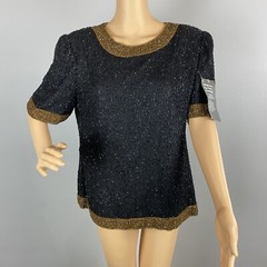 VTG Lawrence Kazar Womens Large 100% Silk Beaded Black Gold Blouse NWT