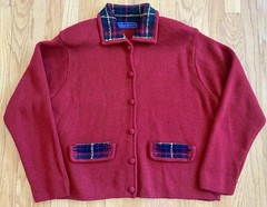 Vintage 80s KAREN SCOTT Plaid Cardigan *Large* Burgundy Knit Sweater Jacket