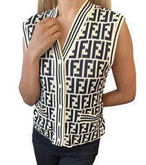 FENDI Vintage Zucca Knit Vest Cardigan Sweater #38 Cream Black Cotton 901763