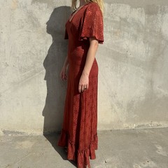 Vintage 1930s Red Deco Snakeskin Brocade Satin Rayon Dress Bonwit Teller Ruffle