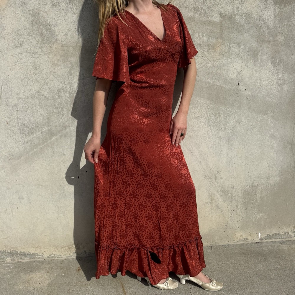 Vintage 1930s Red Deco Snakeskin Brocade Satin Rayon Dress Bonwit Teller Ruffle