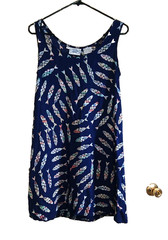 Vintage Back East Summer Indonesian Batik Fish Dress Boho Navy Small Sleeveless