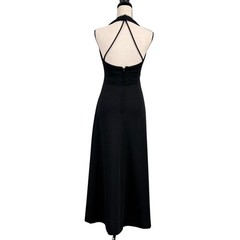 VTG 70s Black Halter Maxi Dress Plunge Convertible Rhinestone Zipper Size Small