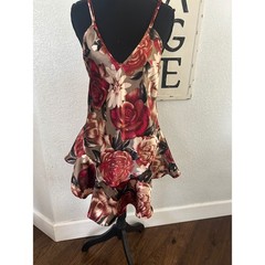 Vintage Cliche Floral Rose Satin Slip Dress Ruffle Hem Nightgown Red Taupe Med