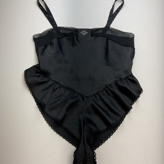 Vtg Lady Manhattan Satin Teddy Romper Black Ruffles Made In The USA Rhinestones