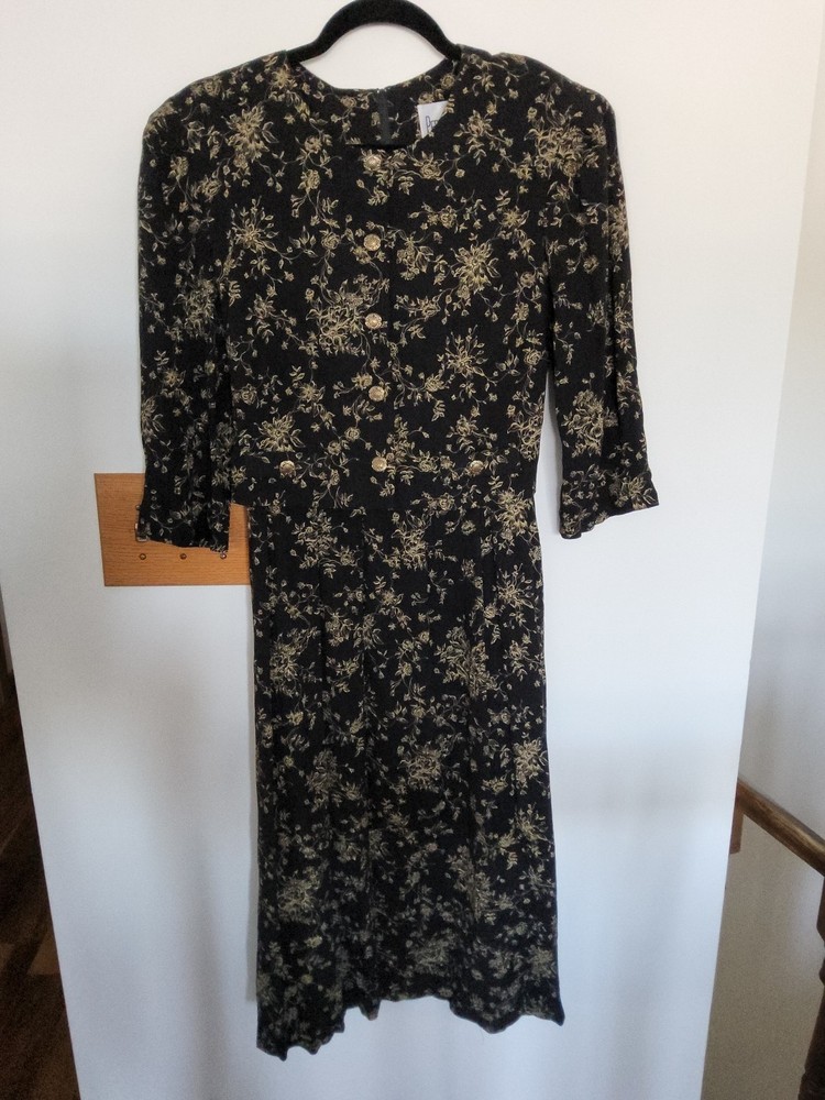 Vintage Peri Petites Black & Gold Floral Dress – Buttons – Size 14 Petite Dress