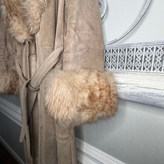 Vintage 1950s-1960s Tan Suede Leather Trench Coat Fur Collar Cuffs No Tags Sz S