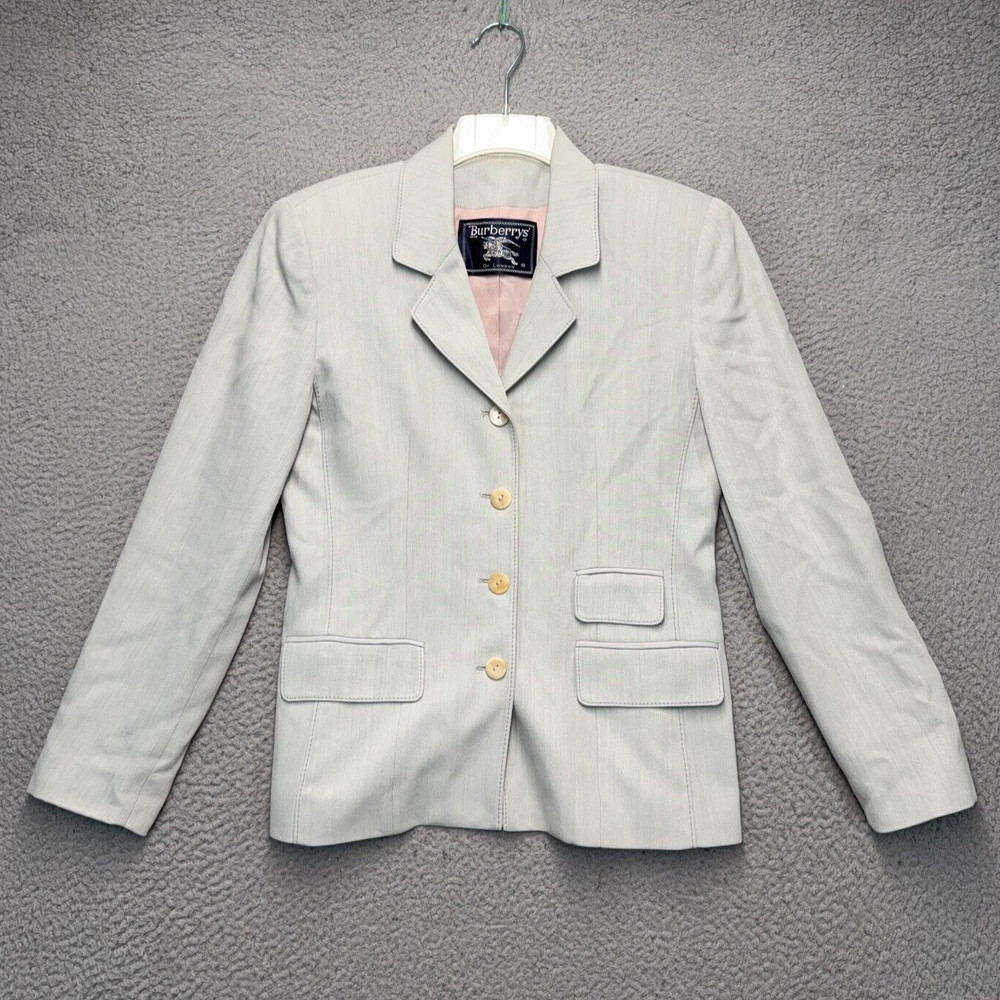 Burberry Blazer Womens Sz 4 Gray Wool Blend Business Lined Vintage FLAW