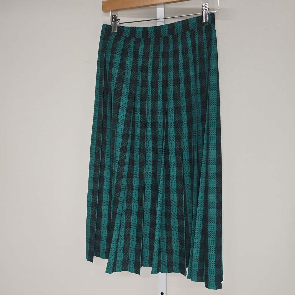 Jaeger Vintage Green Black Plaid Pleated Midi Skirt Made in Great Britain 10