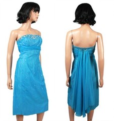 50s 60s Prom Dress XS Vintage Strapless Blue Chiffon Cocktail Gown Beads Sequins