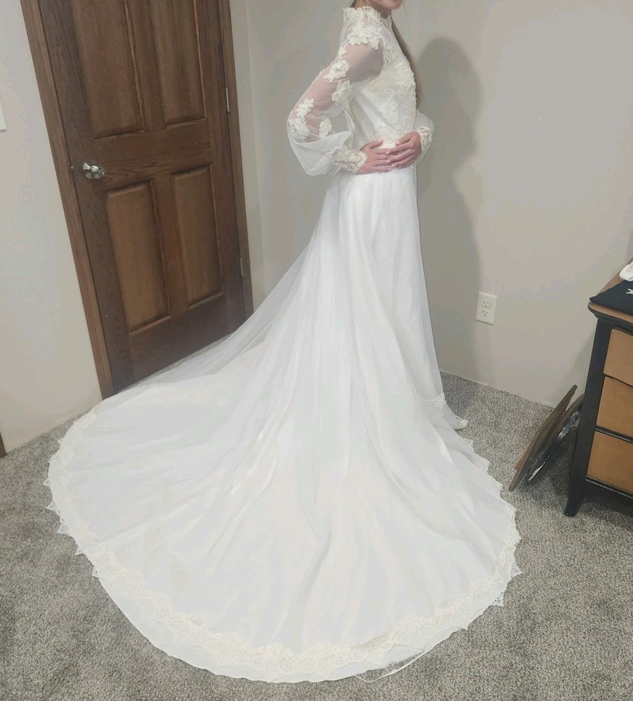 VTG 1970s Beaded Wedding Dress High Neck Illusion Lace Angel Sleeve ILGWU Train