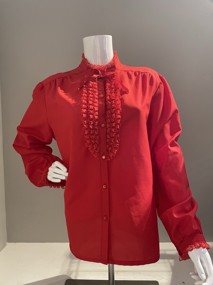 Vtg Secretary Blouse 70s Red Valentines Day Tuxedo Ruffles *see measurements