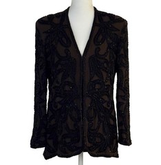 Oleg Cassini Black Tie Beaded Sheer Silk Jacket Top Black M