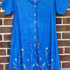 Vintage 1990s La Cera Denim Chambray Floral Embroidered Dress Medium Cottagecore