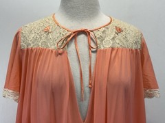 Vtg Lucie Ann Nylon Nightgown Sz Large Women’s Coral Lace Trim 70s Long