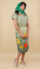 50s 60s Chartreuse Green Floral Sequin Cotton Pin Up Dress Pencil Mod B36-37″