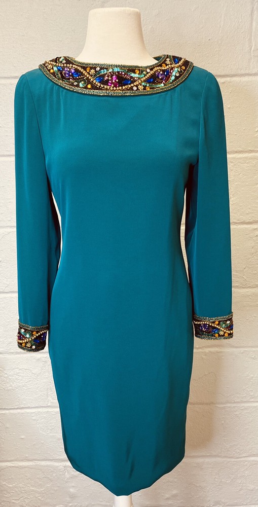 Niteline Della Roufogali Emerald Green Dress Cocktail Sz 4 Petites 80s Jeweled