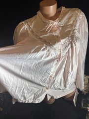 Vtg Satin Soft Baby Pink NIGHTIE BLOUSE FRILLY Chiffon LACE SLEEP SHIRT TOP L