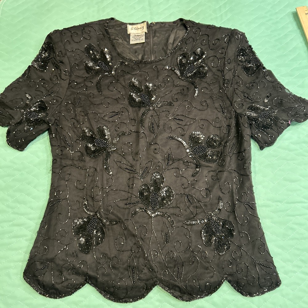 Vintage Stenay Beaded Silk Top Womens XL Sequins Black Formal Party Attire