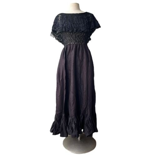 Vintage 60s VICTOR COSTA Whimsigoth Dress Women’s 10 Black Lace Tulle Tiered