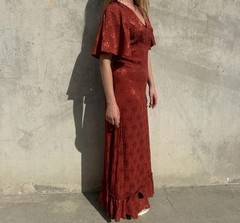 Vintage 1930s Red Deco Snakeskin Brocade Satin Rayon Dress Bonwit Teller Ruffle