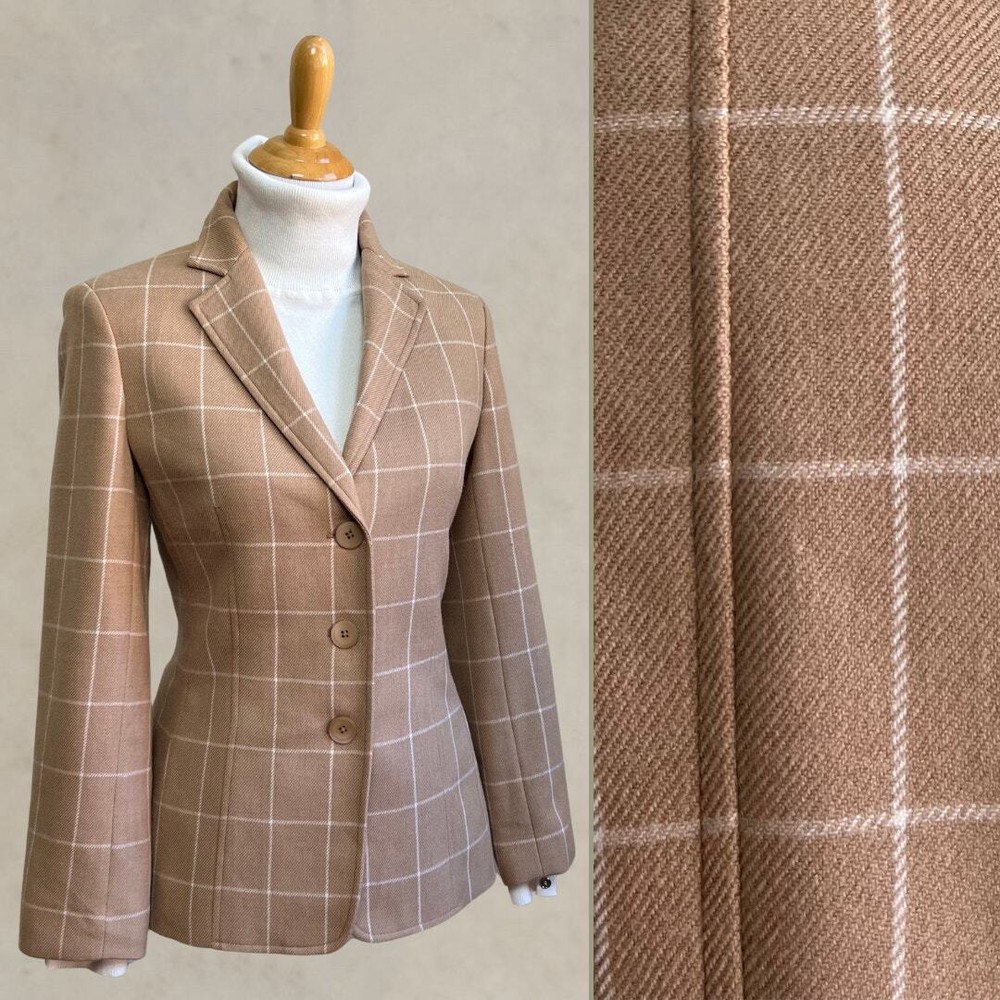 Vintage Talbots Wool Cashmere Tan Brown Plaid Windowpane Blazer Jacket Women 10P