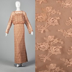 Medium 1970s Dusty Pink Lace Evening Dress Vintage 70s Floral Lace Overlay