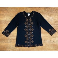 Vintage Beaded Cardigan Size Small 1990s Chicos Wood & Copper Bead Sweater Knit