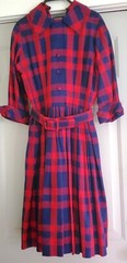 PRISTINE Vintage Gigi Young Linen Belted Pleated Shirtdress Checkered Red & Blue