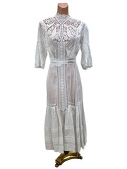 Antique Victorian Edwardian White lace Embroidered Cotton Tea Dress two piece
