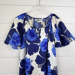 VINTAGE 70s Hilo Hattie Maxi Dress Women M Blue Hibiscus MUUMUU Hawaiian Aloha