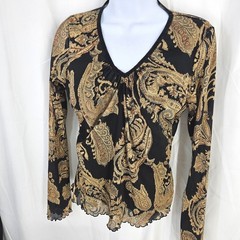 Wet Seal Vtg Y2K Paisley Mesh Long Bell Sleeve Top Black Gold Velvet Curl Trim L